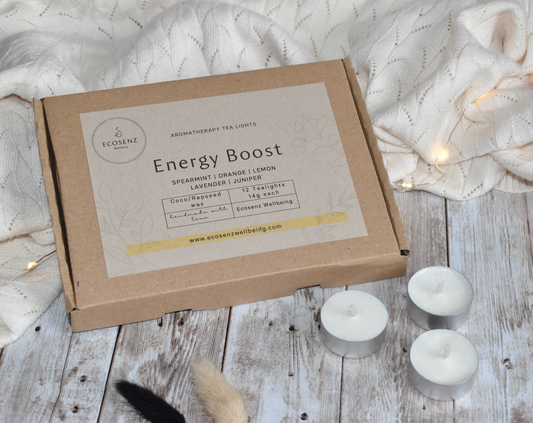 ENERGY BOOST Aromatherapy Tea lights : Infused with Spearmint, Orange, Lemon, Lavender, and Juniper Essential Oils